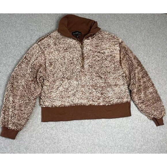 DEREK HEART Womens Sherpa Juniors Casual Pullover Half Zip Rib‎ Sweater Brown L - Picture 1 of 7
